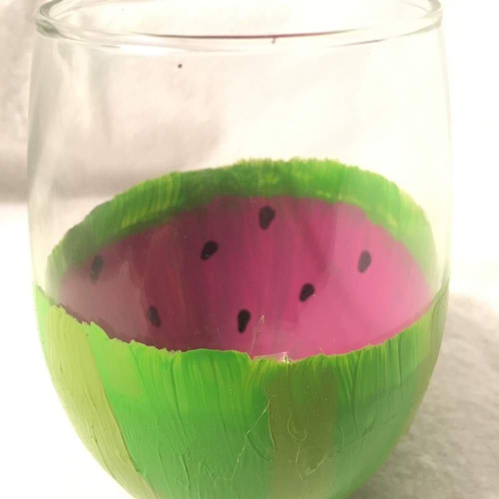 Hand Crafted Summer Watermelon Stemless Wine Hand Painted set of 4.5 inch 10 oz